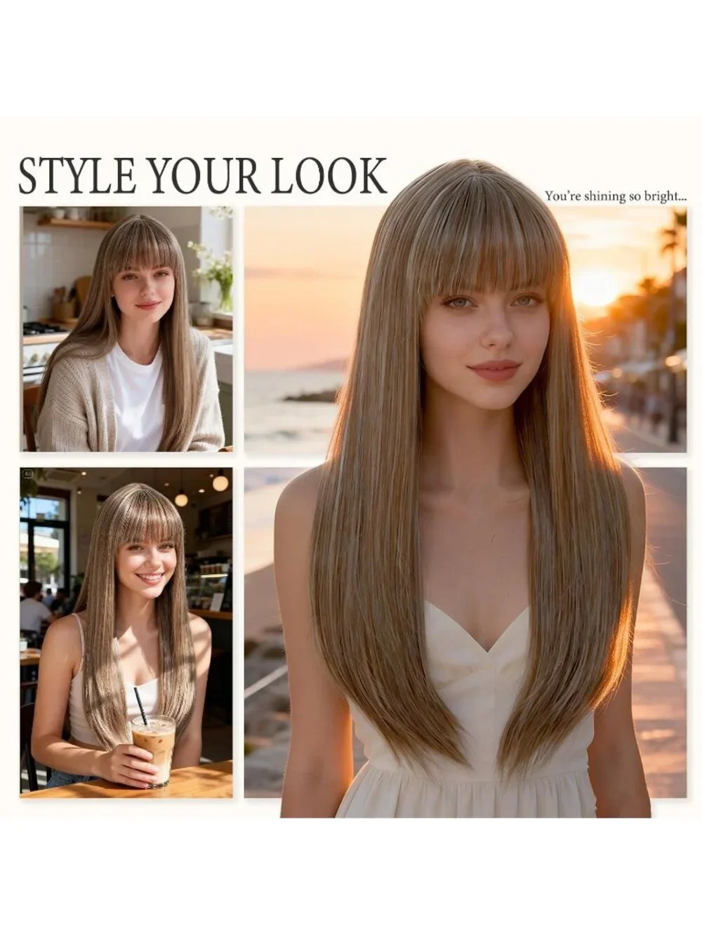 Womens Highlight Blonde 24 Inch Heat Resistant Synthetic Long Straight Bangs Wig